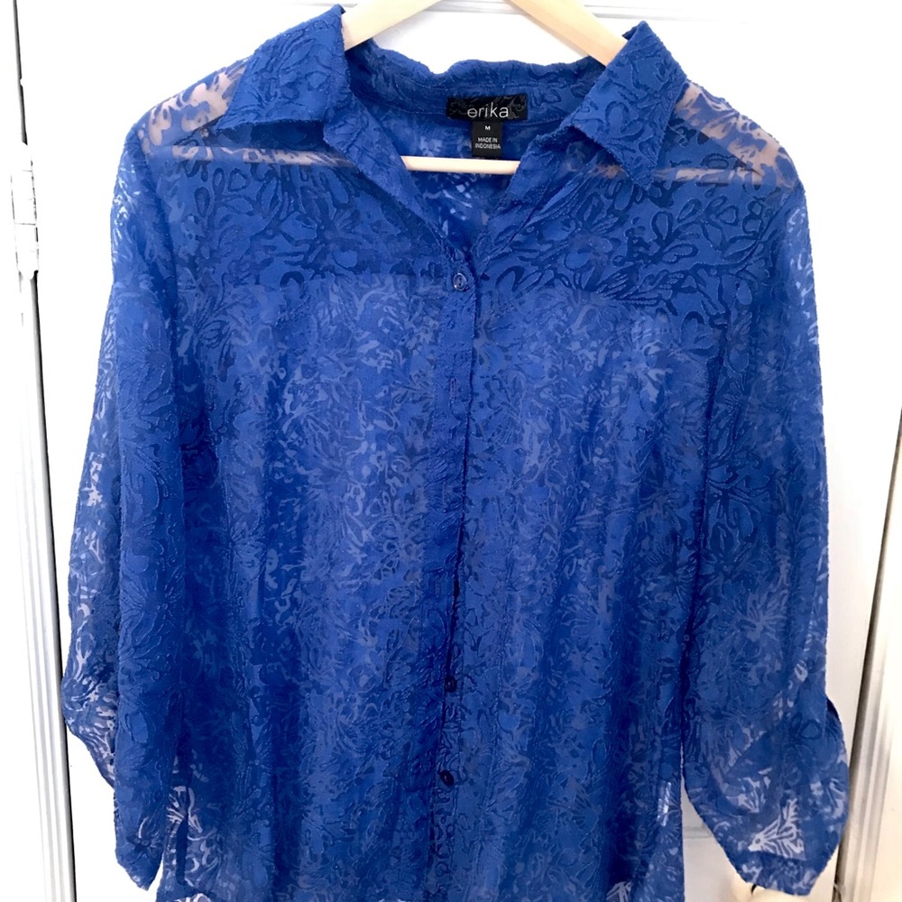 Sheer lace button down blouse